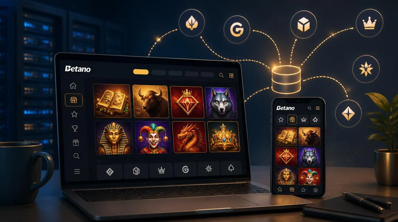 Laptop und Smartphone mit übersichtlicher Casino-Spieleauswahl und Symbolen für mehrere Softwarestudios