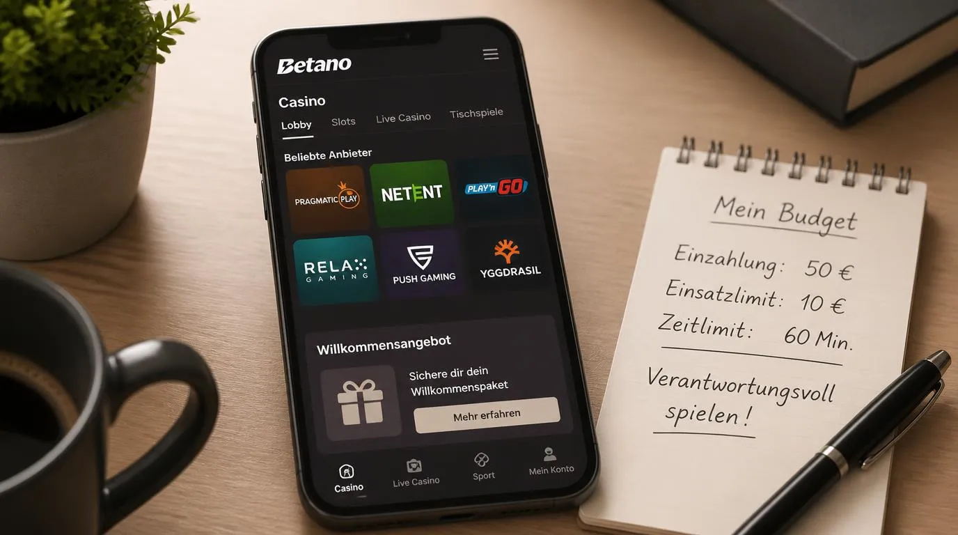 Casino-Oberfläche auf einem Smartphone mit Spielauswahl und einem Bereich für das Willkommensangebot