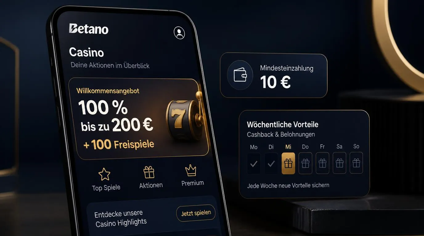 Smartphone mit Casino-Willkommensangebot, 10 € Mindesteinzahlung und Hinweis auf wöchentliche Aktionen