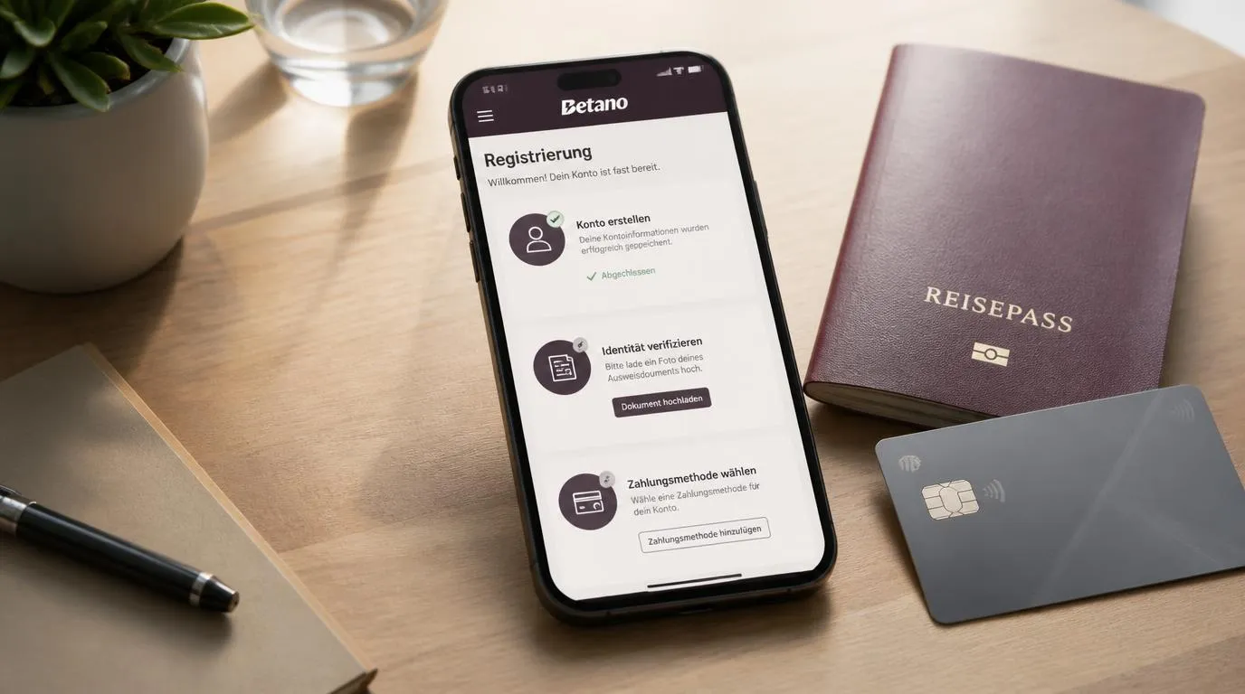 Smartphone mit Kontoeröffnung und Identitätsprüfung neben einer Bankkarte auf einem Schreibtisch