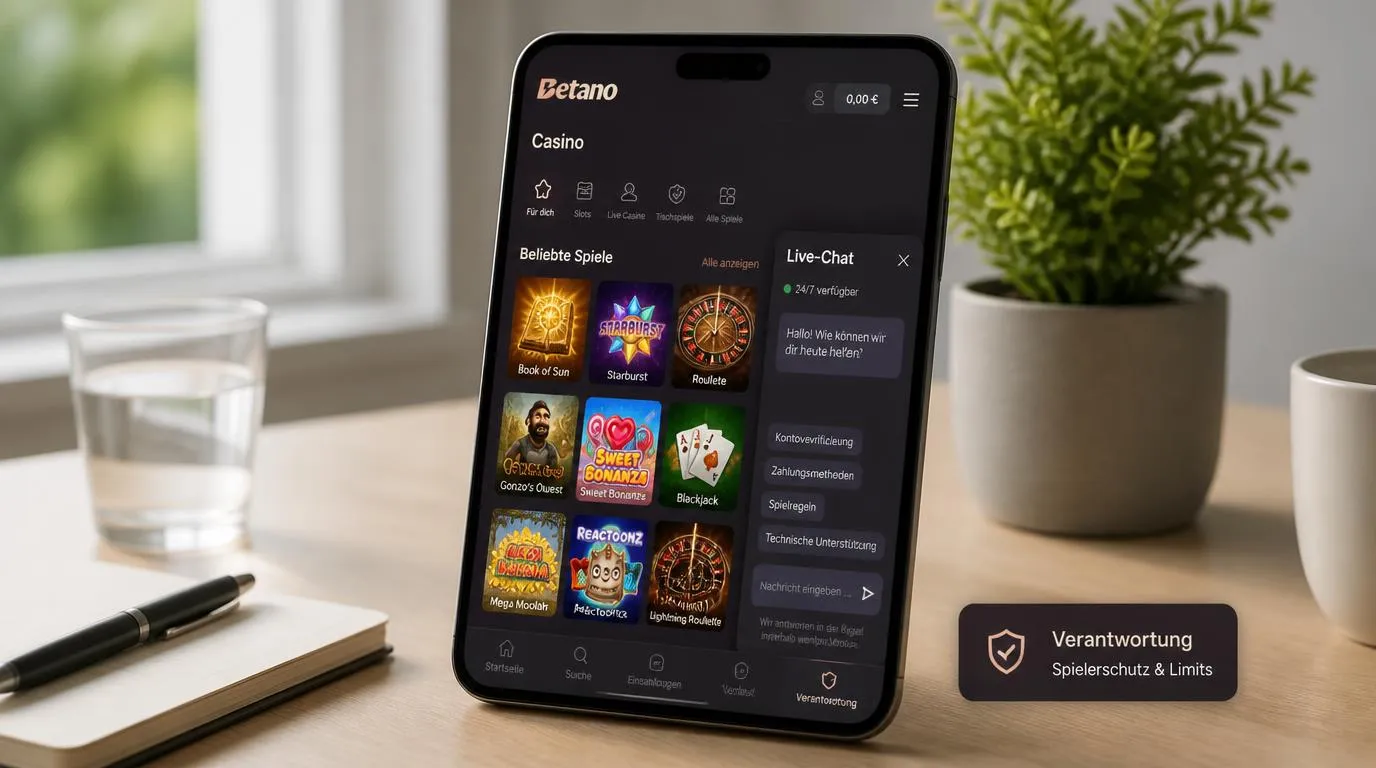 Smartphone mit Casino-Spielübersicht, Einstellungen für bewusstes Spielen und geöffnetem Live-Chat